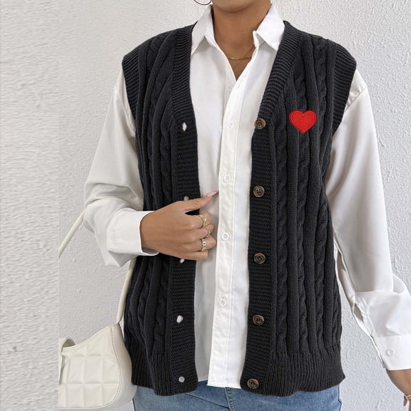 NTACZA Black Womens Sweaters V Neck Cable Knit Sleeveless Sweater Cardigan Button Heart Print Sweater Vest Womans Jumper