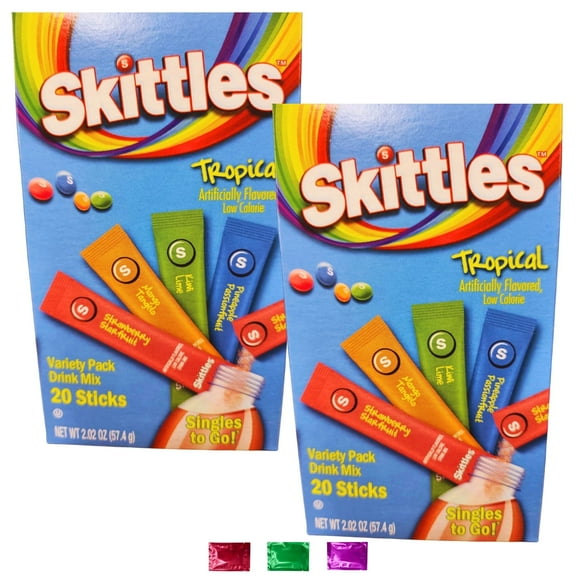 Skittles Tropical Variety Pack Drink Mix Sticks 2 Boxes, Zero Sugar Low Calorie Powdered Drink Mixes Singles for Watertok Hydration Summer Drinks Workout Outdoor w/ Snoep in Beperkte Oplage