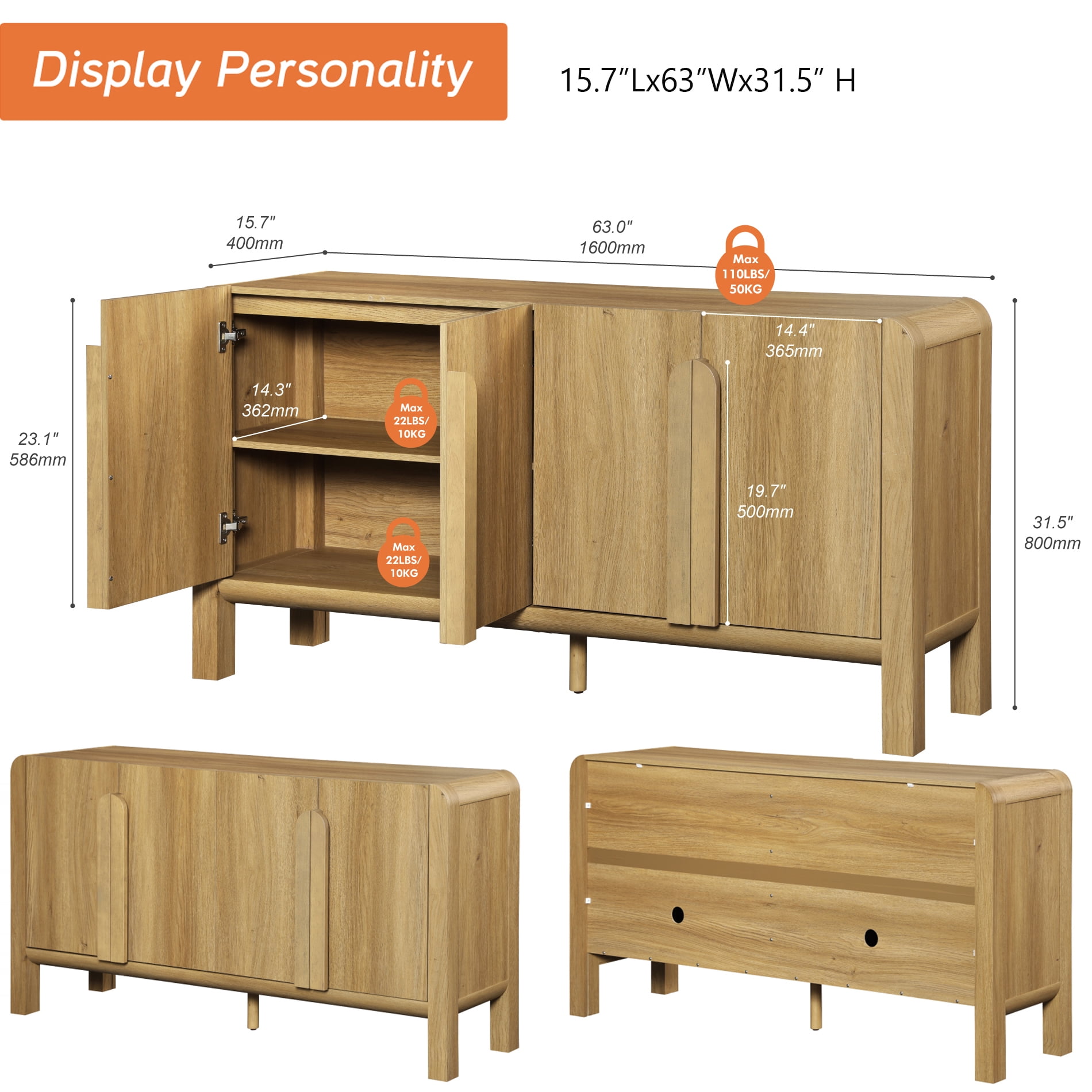 63" Accent Cabinet with 4 Doors and Adjustable Shelves, Modern Credenza Storage Cabinet with Curved Profile Design for Living Room, Kitchen, Dining Room, Hallway