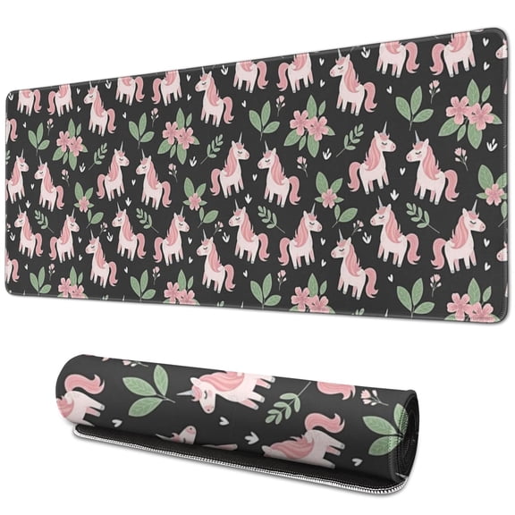 Long Mouse Pads for Desk,Black Cartoon Unicorn Floral Pattern Desk Mats on Top Of Desks, Desk Mouse Pad Extra Large with 3mm Non-Slip Base and Stitched Edge for Gaming,Office,Work,Home 31.5"x11.8"