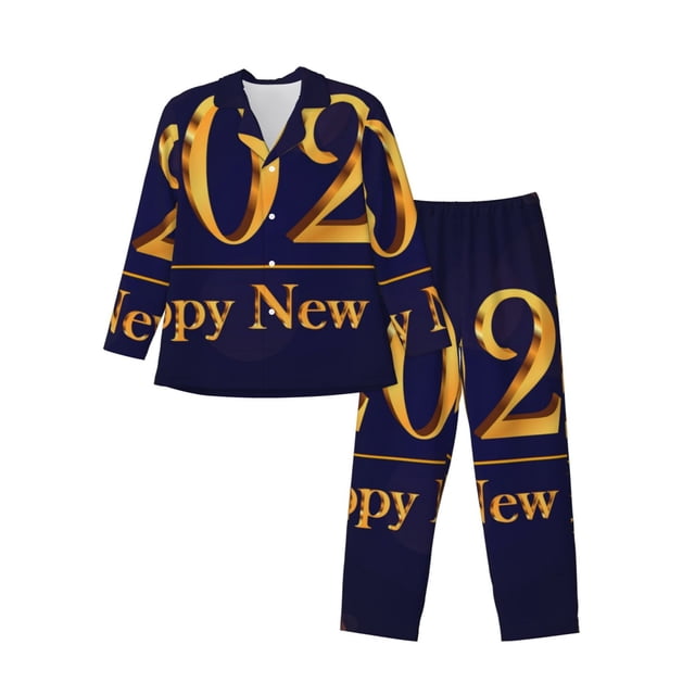 Balery 2025 Happy New Year 3 Pijama para Hombre de Dos Piezas con Manga Larga, Conjunto de Dormir y Descanso Suave con Bolsillos-Large
