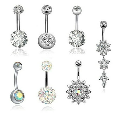 - 7Pcs/Set Stainless Steel Zircon Belly Button Body Jewelry Navel Ring Silver
