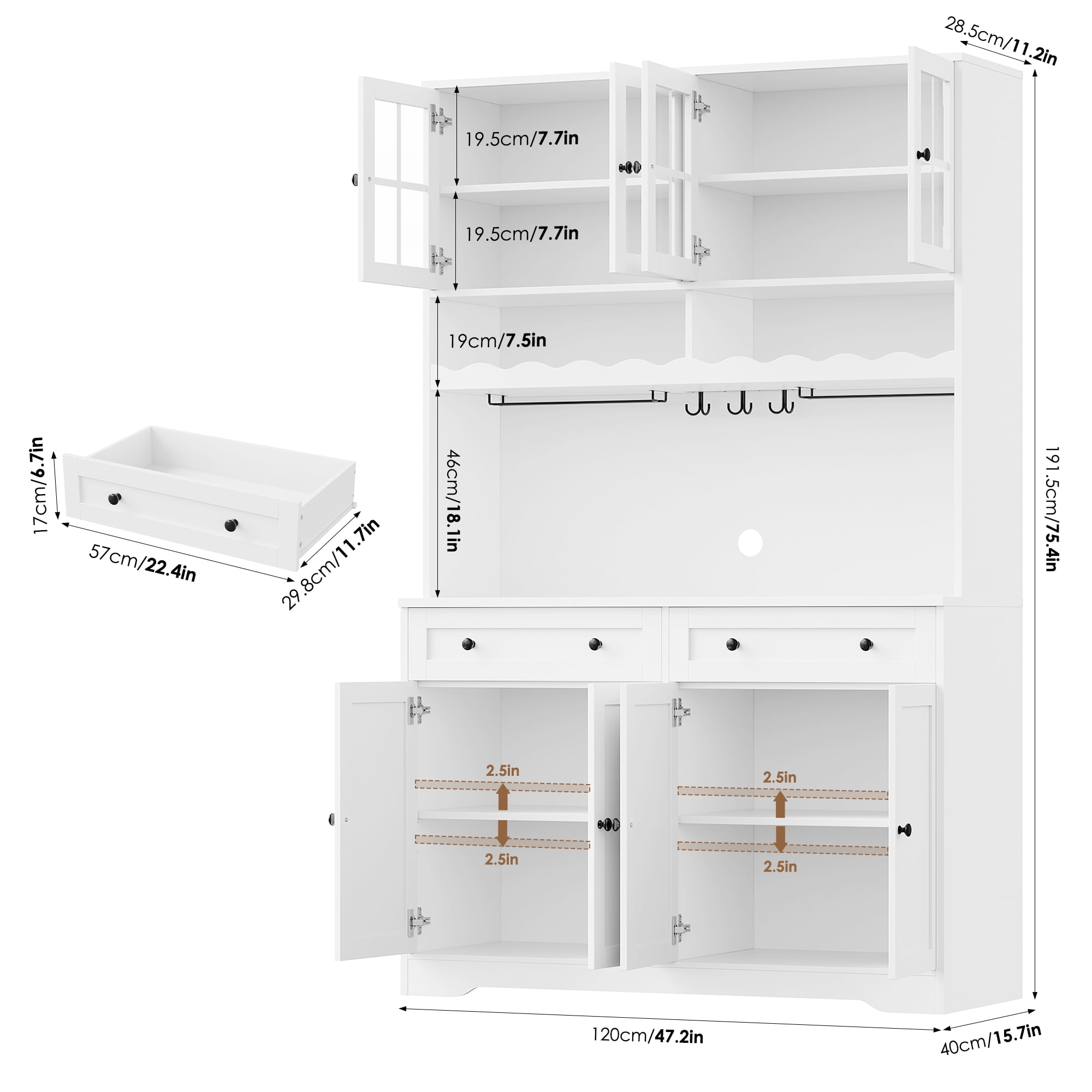 Hiphuta 75"Tall Kitchen Pantry Storage Cabinet with Power Outlet, Large Pantry Cabinet with Microwave Stand, Modern Freestanding Cupboard Hutch for Home Dinning Room, White