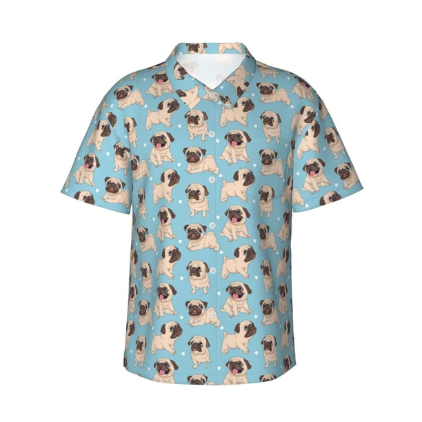 Fotbe Funny Cartoon Pugs Camisa Hawaiana para Hombre Unisex – Camisa Casual de Verano con Botones de Manga Corta de Algodón y Lino,Large