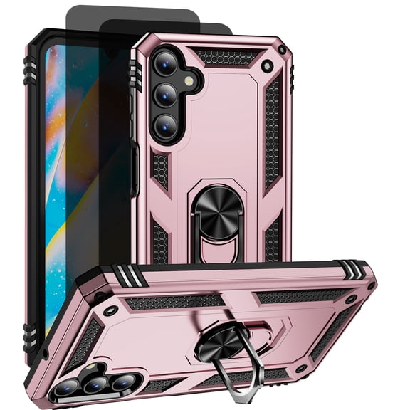 Hotpom for Samsung A15 5G Phone Case with 2 Pack Privacy Screen Protector Heavy Duty Shockproof Dustproof with 360° Metal Ring Rotating Stand for Men/ Women, Pink