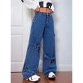 thumbnail image 6 of Women'S Ribbon Tie Detail Utility Style Jeans Casual Straight Wide Leg Denim Trousers Blue M, 6 of 9