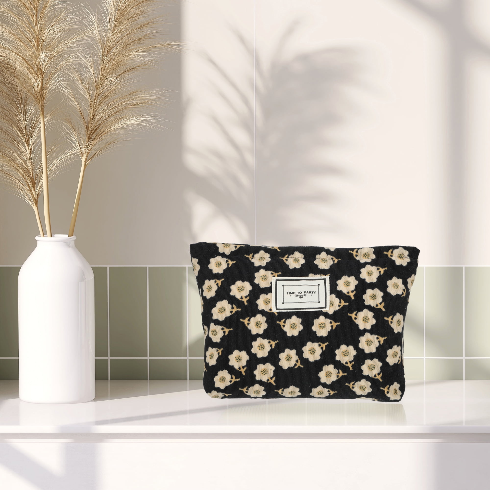 Unique Bargains Flower Cosmetic Bags Corduroy Floral Makeup Bags Pouches with Zipper Black