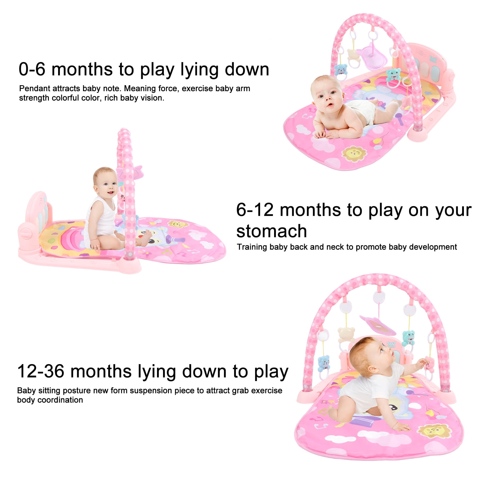 M Buder Baby Gym Play Mat, 3-in-1 Infant Activity Center with Musical Piano, Kick and Play Tummy Time Padded Toy, Pink (17.32 in / 44 cm)
