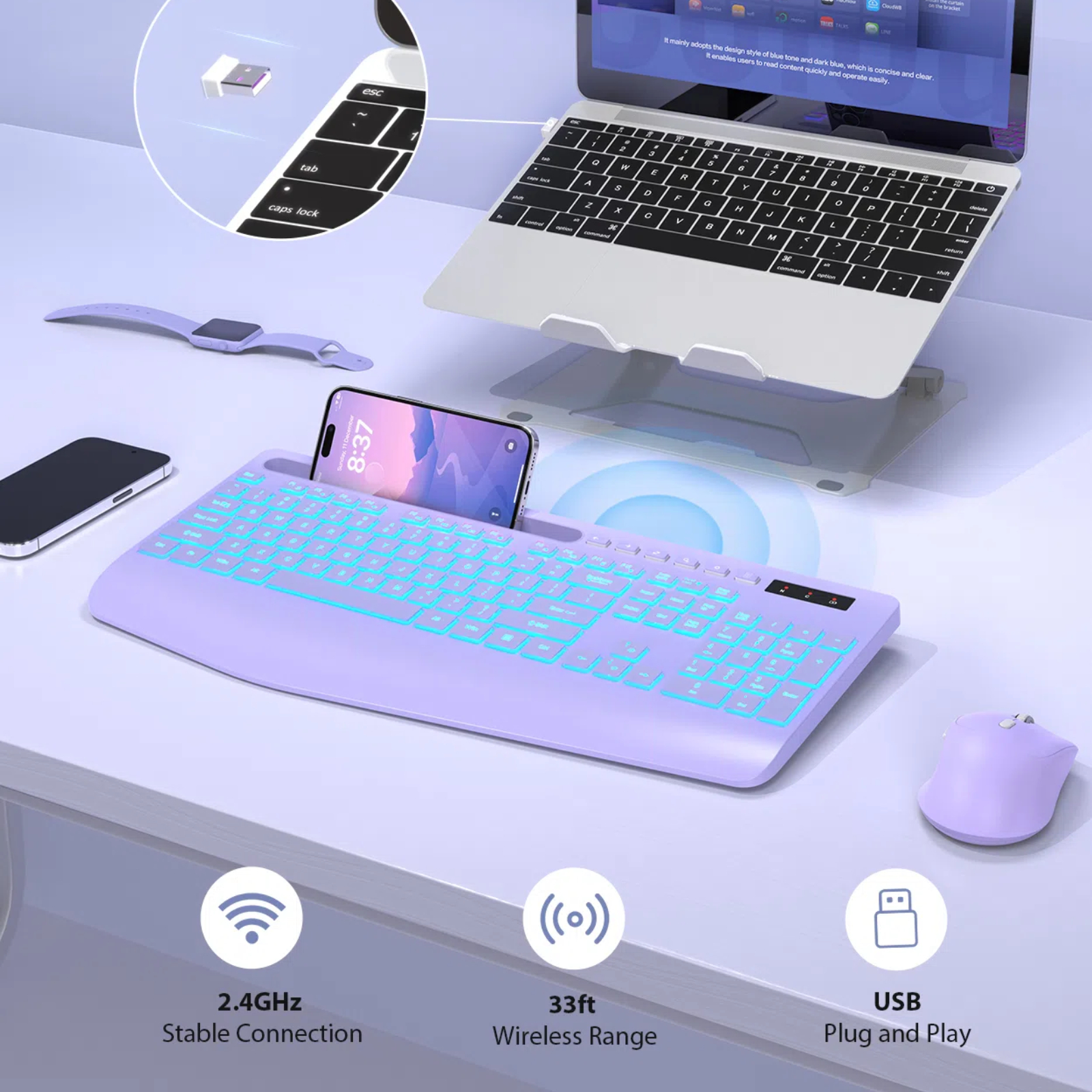 Wagpak Wireless Keyboard 7 Color Backlit Wrist Rest Rechargeable 112 Keys Quiet Keyboard-Purple