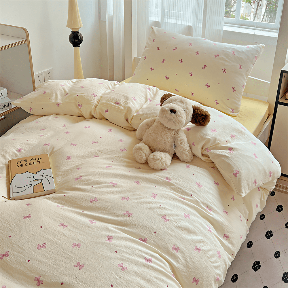 3 Pieces Bow Jacquard Duvet Cover Cartoon Pink Bowknot Pattern Comforter Cover Soft Breathable Cute Coquette Bedding,Full Size
