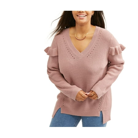 Juniors' Plus V- Neck Ruffle Pull Over Sweater