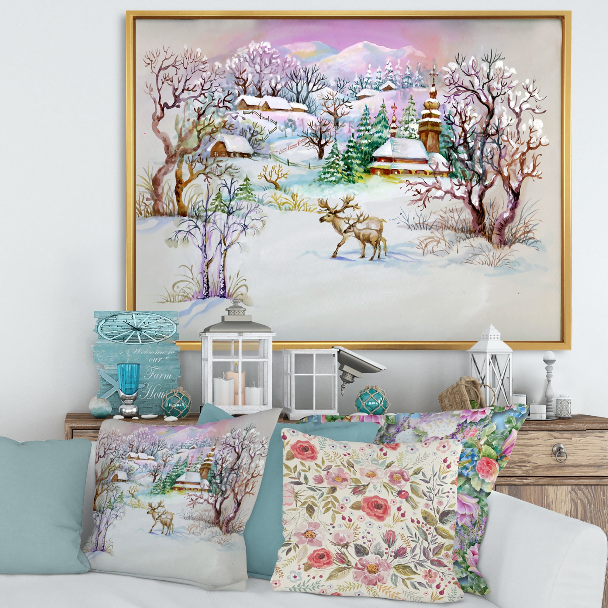 Winter VIllage Life Landscape 32 in x 16 in Framed Painting Canvas Art Print, by Designart