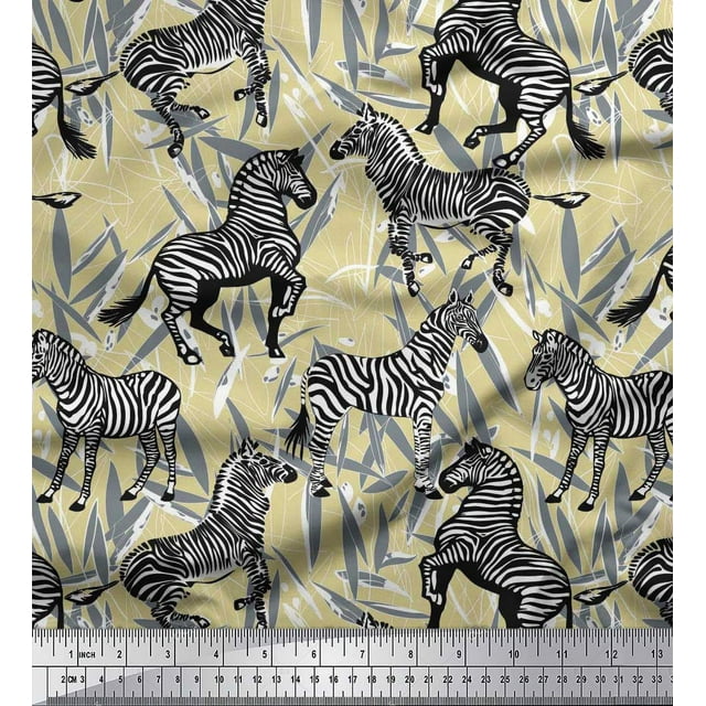 Soimoi Beige Rayon Crepe Fabric Leaves & Wild Animal Print Sewing Fabric BTY 46 Inch Wide