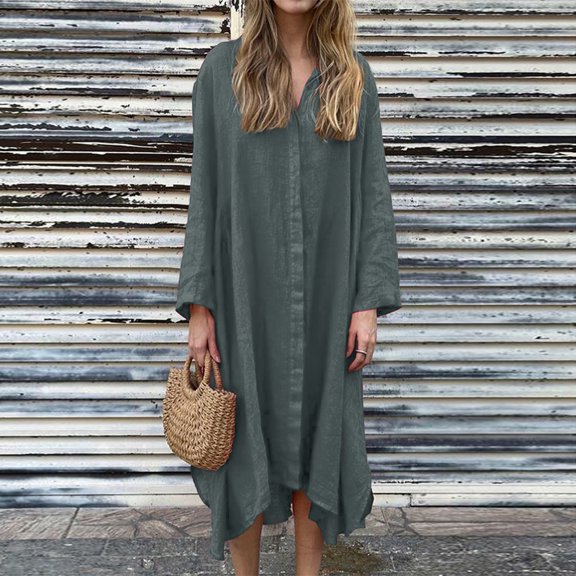 Women's Long Sleeve V Neck Button Down Shirt Dresses Casual Dress with Pocket