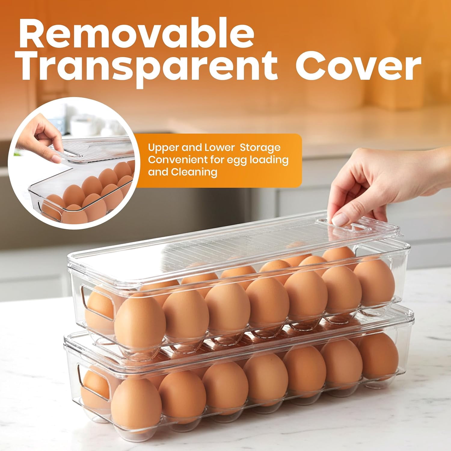 Egg Container With Lid and Handle for Refrigerator Organization- Pack of 2 - Clear Stackable Egg Holder for Kitchen or Pantry Organizers and Storage