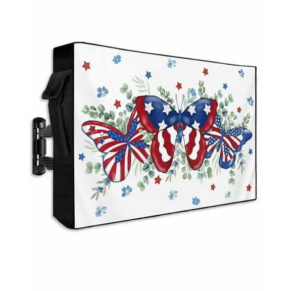 Blue Red Butterfly Outdoor TV Cover 40 to 43 Inch Weatherproof, Stars Independence Day Leaves 600D Oxford TV Covers with Waterproof Zipper, Outside Flat TV Screen Protector 40"Wx25"Hx4.5"D