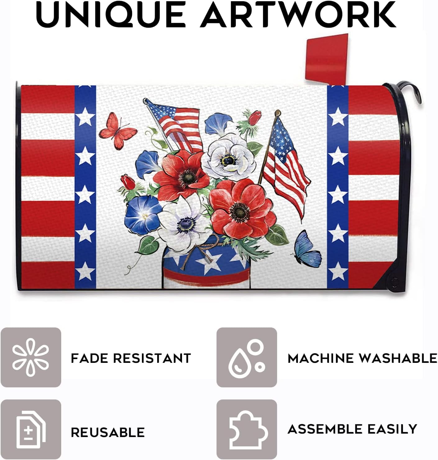 4th of July Patriotic Anemone Flower Mailbox Cover Magnetic Standard Size 21" x 19", America USA Red White Blue Floral Post Letter Box Wrap Decor American Flag Garden Yard Outdoor Decoration