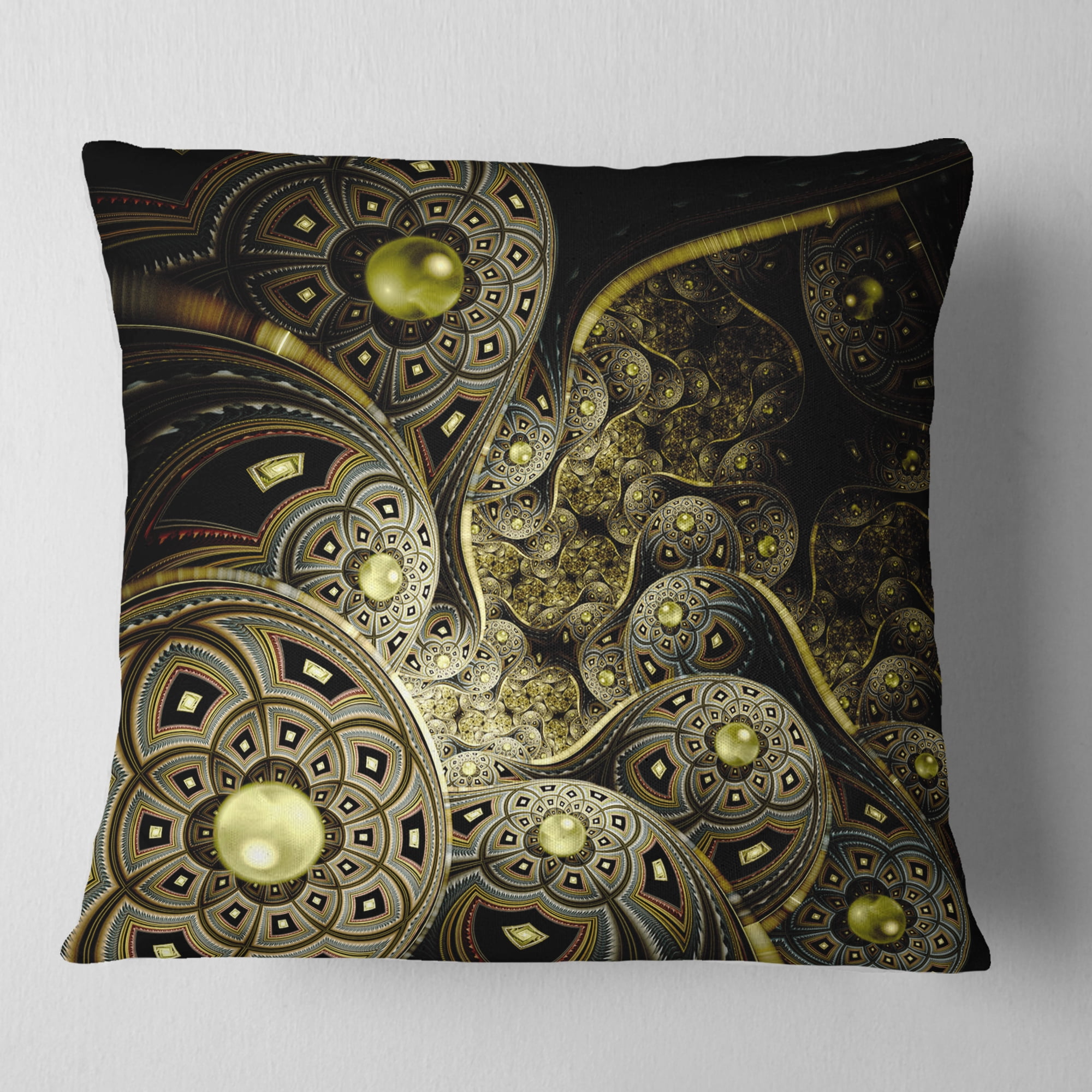 Designart Symmetrical Gold Fractal Flower - Floral Throw Pillow - 16x16