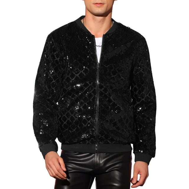 CHAQUETA CHIC para Hombres Chaqueta de Béisbol con Lentejuelas Argyle Chaqueta Brillante para Fiesta Club XL Negra