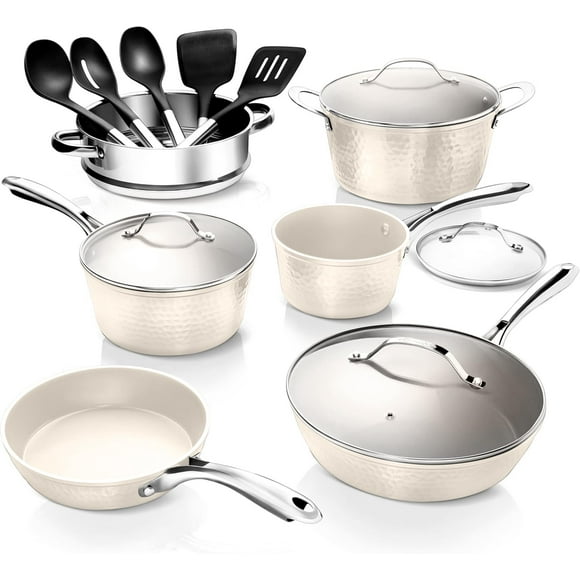 GOTHAM STEEL Hammered 15 Pc Ceramic Cookware Set Nonstick Pots and Pans Set Non Stick for Kitchen with Utensils Pots and Pans for Cooking Non Toxic Cookware Sets Oven and Dishwasher Safe