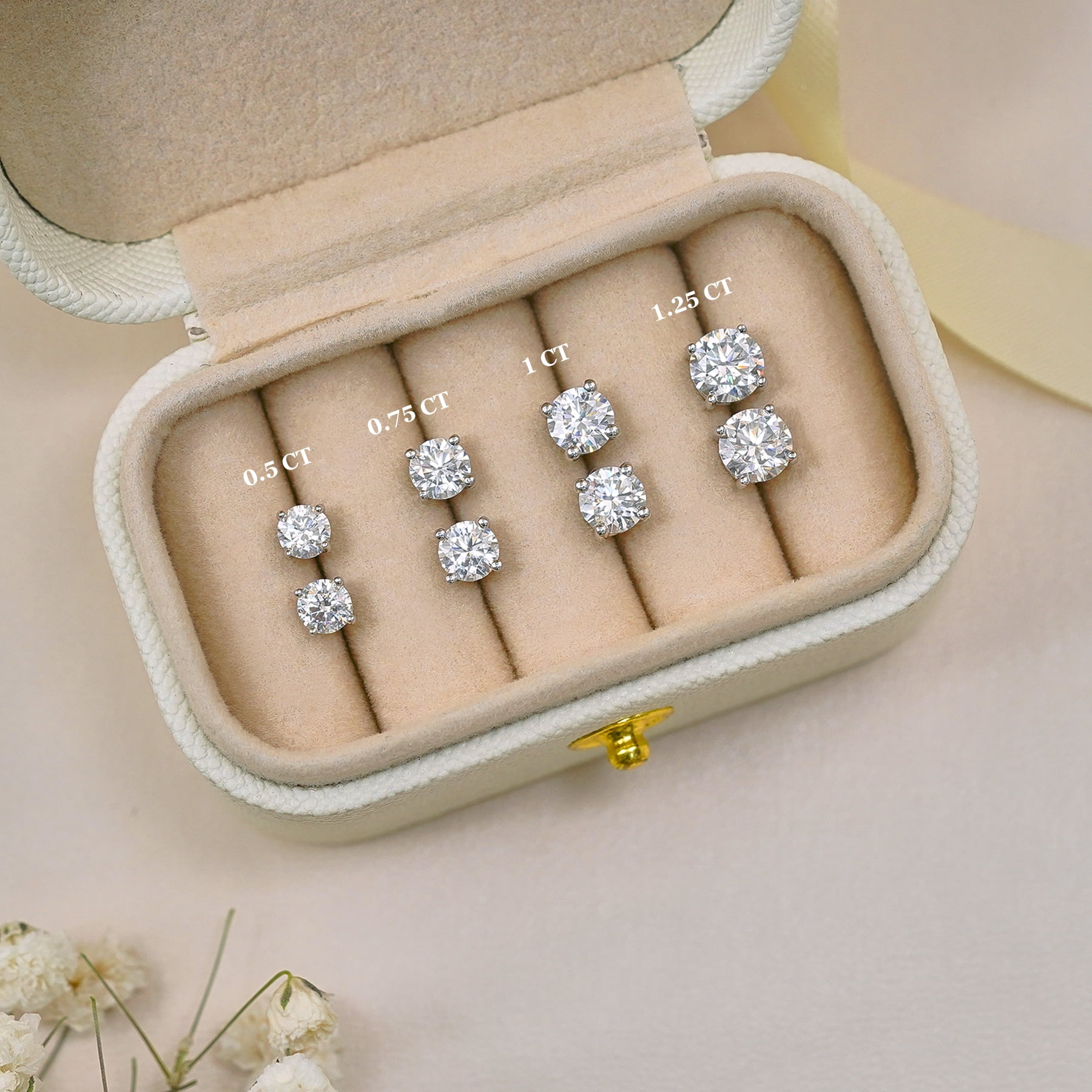 JeenMata Lab Grown Diamond Earrings 1 Carat Round Cut 18K White Gold Plated Solitaire Studs for Women
