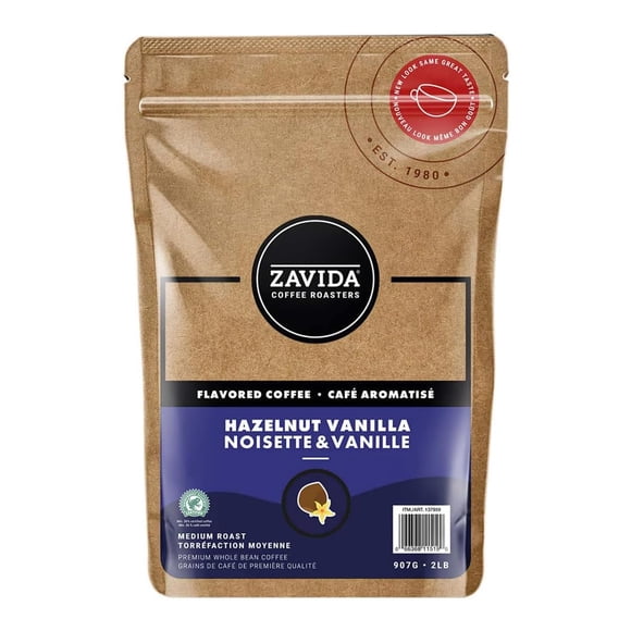 Zavida Hazelnut Vanilla Premium Whole Bean Flavoured/Flavored Coffee, Medium-Dark Roast, RFA 30%, Kosher, Halal, 2 Pound Bag