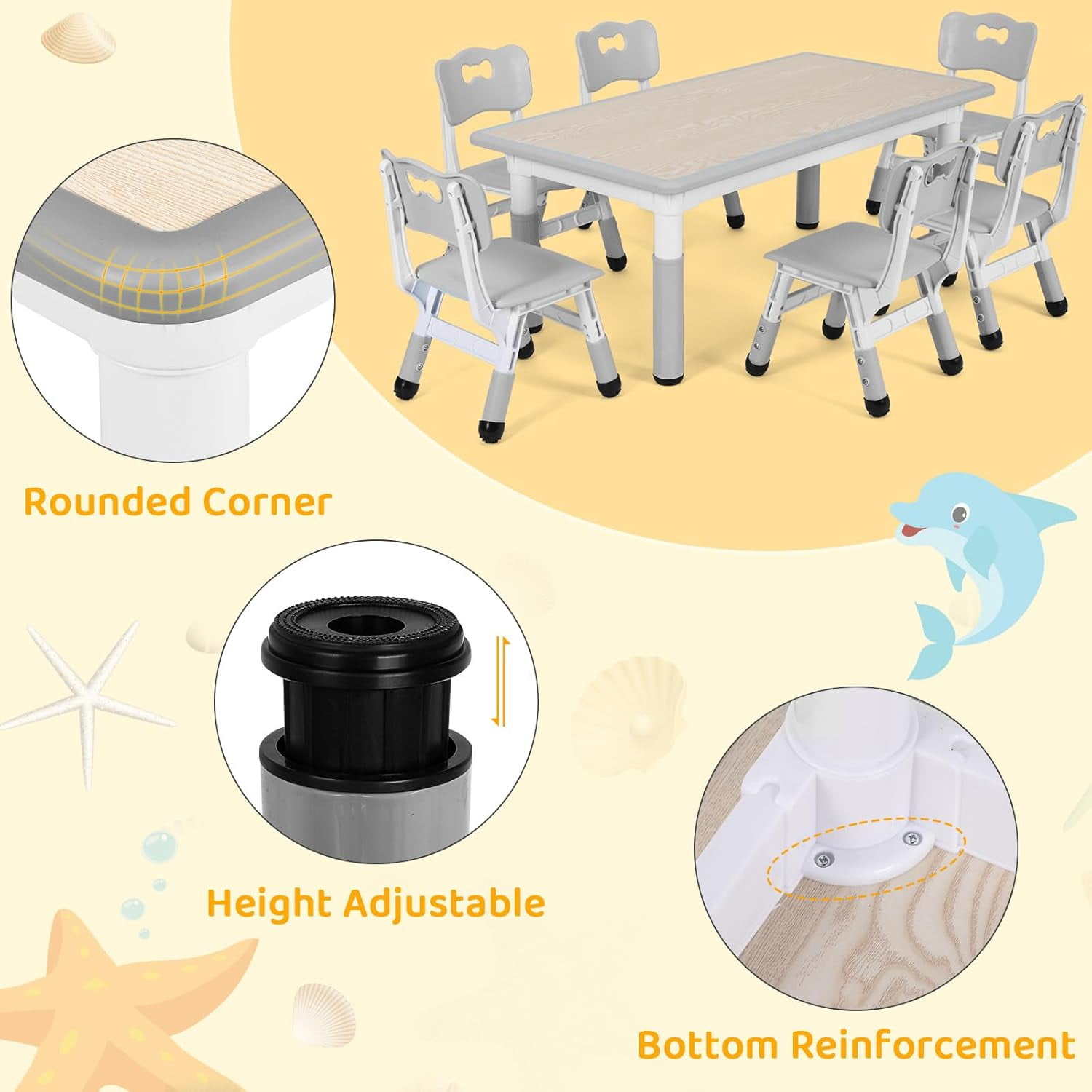 Pirecart Kids Table and 6 Chairs Set Height Adjustable Kids Craft and Play Table for Ages 2-10, Gray
