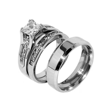 His Hers Couple One Carat Princess Square CZ Wedding Ring set Mens Flat Band- Size W5M7