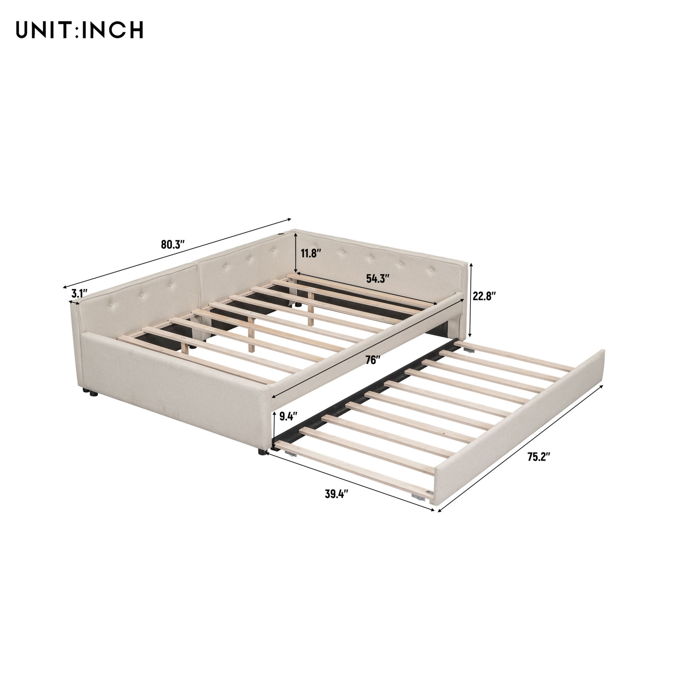Noble House Felix Full Upholstered Platform Bed, Modern Linen Frame with Twin Trundle and USB Ports, Beige