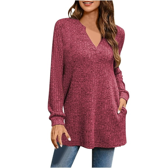 Ribbed Knit Tunic Tops for Women Fall Winter Casual V Neck Loose Sweater with Pocket Side Split Trendy Blouses (XL, Red)