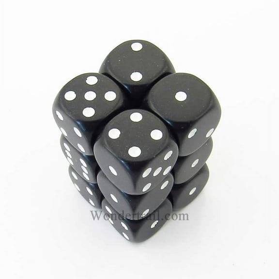 Black Opaque D6 Dice with White Pips 16mm (5/8in) Pack of 12 Dice Chessex