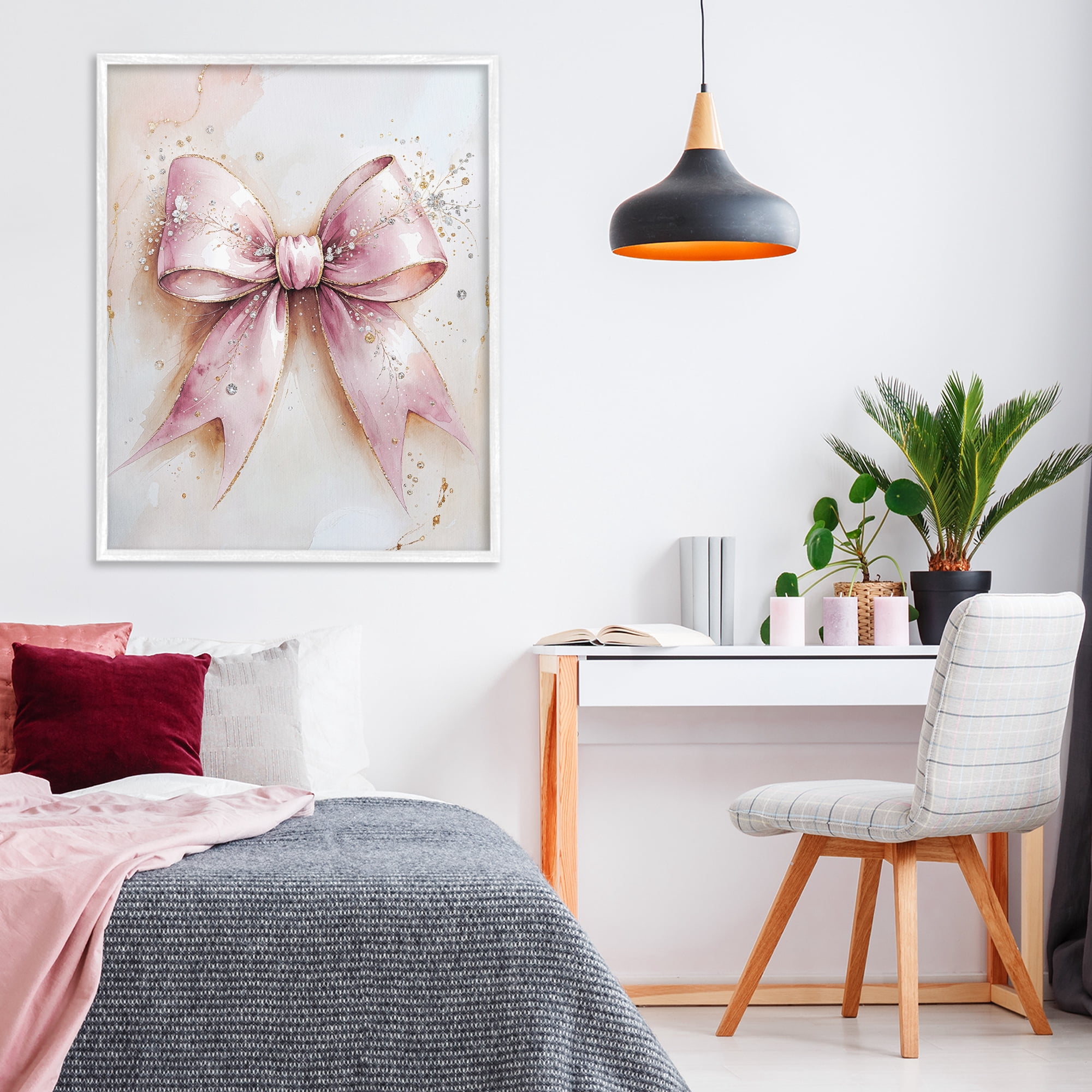 Stupell Industries Glamorous Blush Pink Bow White Framed Giclee Art, design by Nataly White