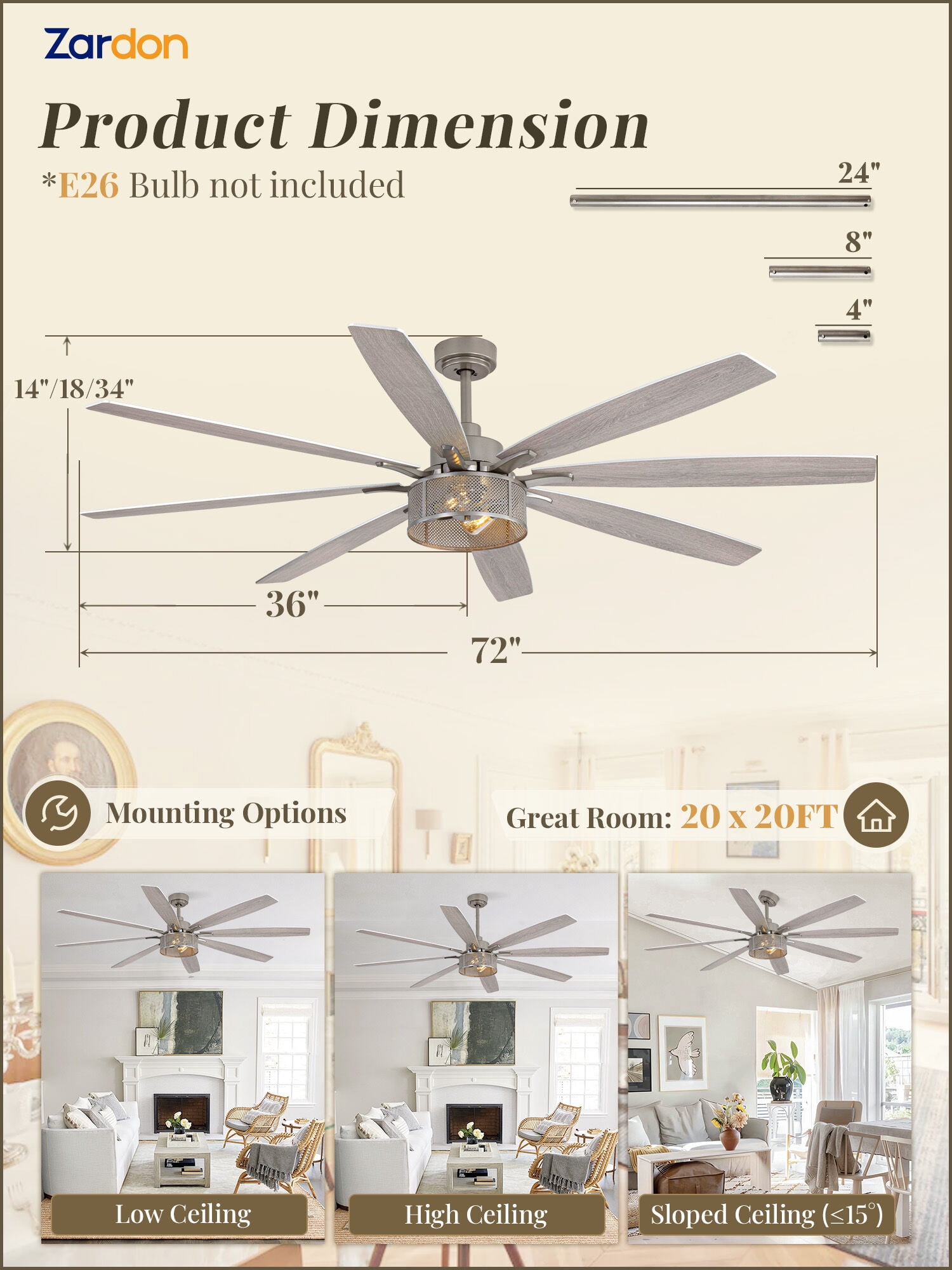 Zardon 72 Inch Farmhouse Ceiling Fan with Light and Remote Control, Quiet 6-Speed Reversible DC Motor, 8 Dual-Finish Blades for Indoor, Nickel