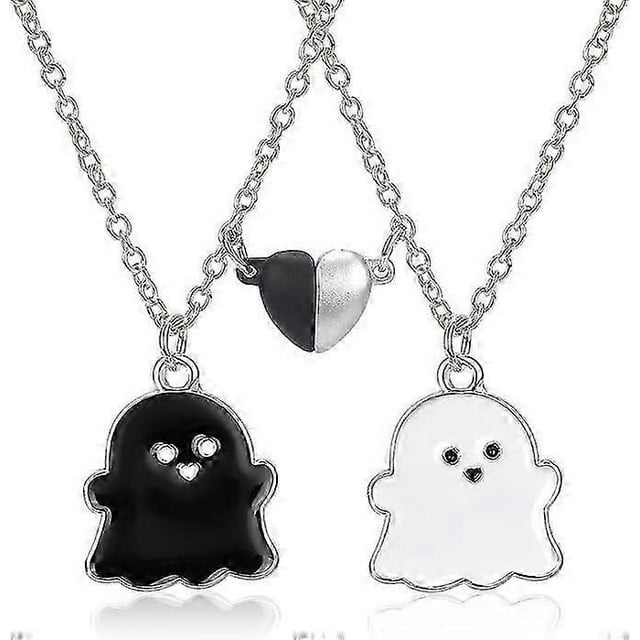 2 Friendship Necklace For 2 Girls Best Friend, Bff Necklace For 2 Women's Silver Chain, Ghost Necklace Heart Pendant For Sister Friend Gift Young Girl