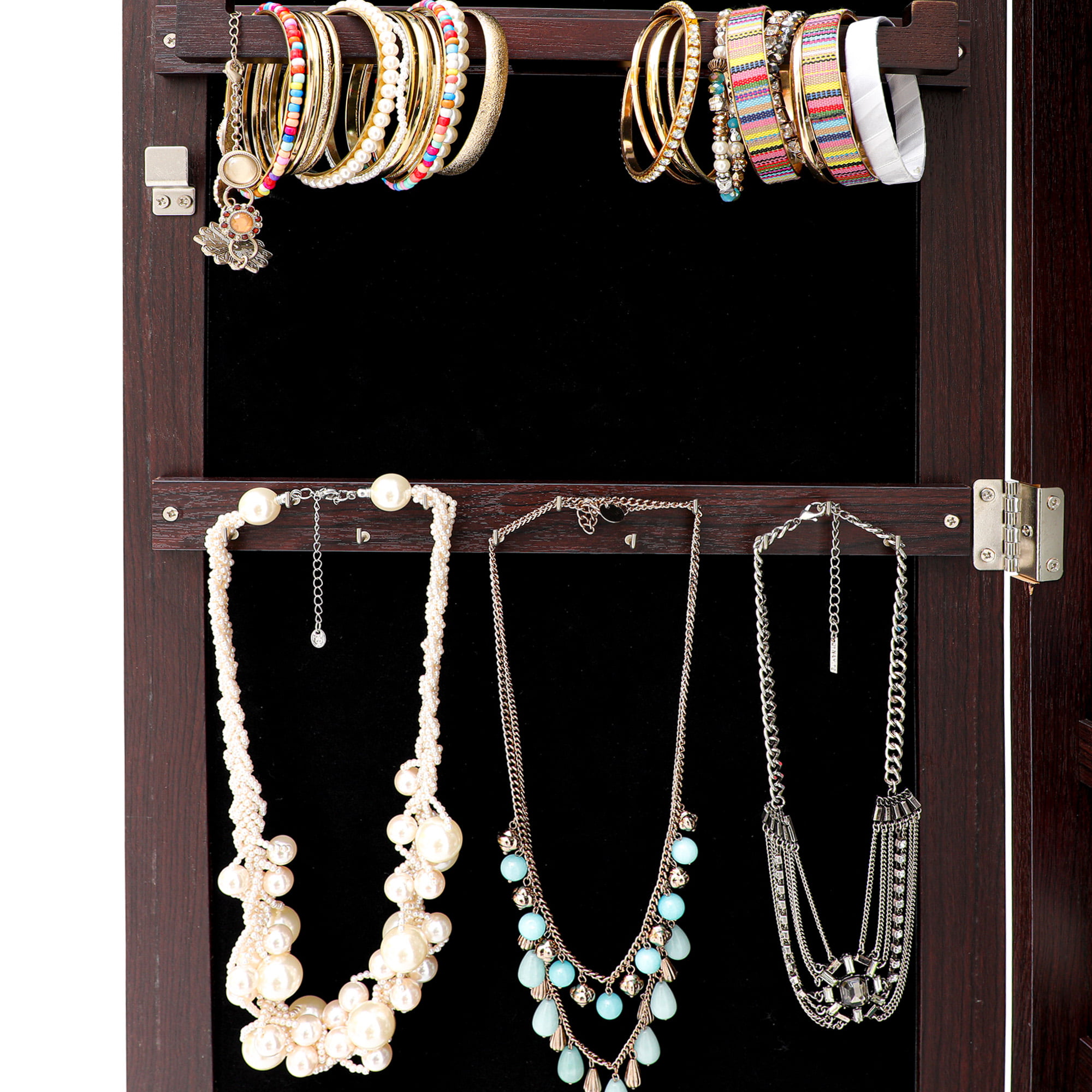 Jewelry Storage Organizer, Hanging Jewelry Armoire Organizer w/Mirror&LED Lights, Lockable Cosmetic Storage&Organizer w/Brush Holder, Wall-Mounted