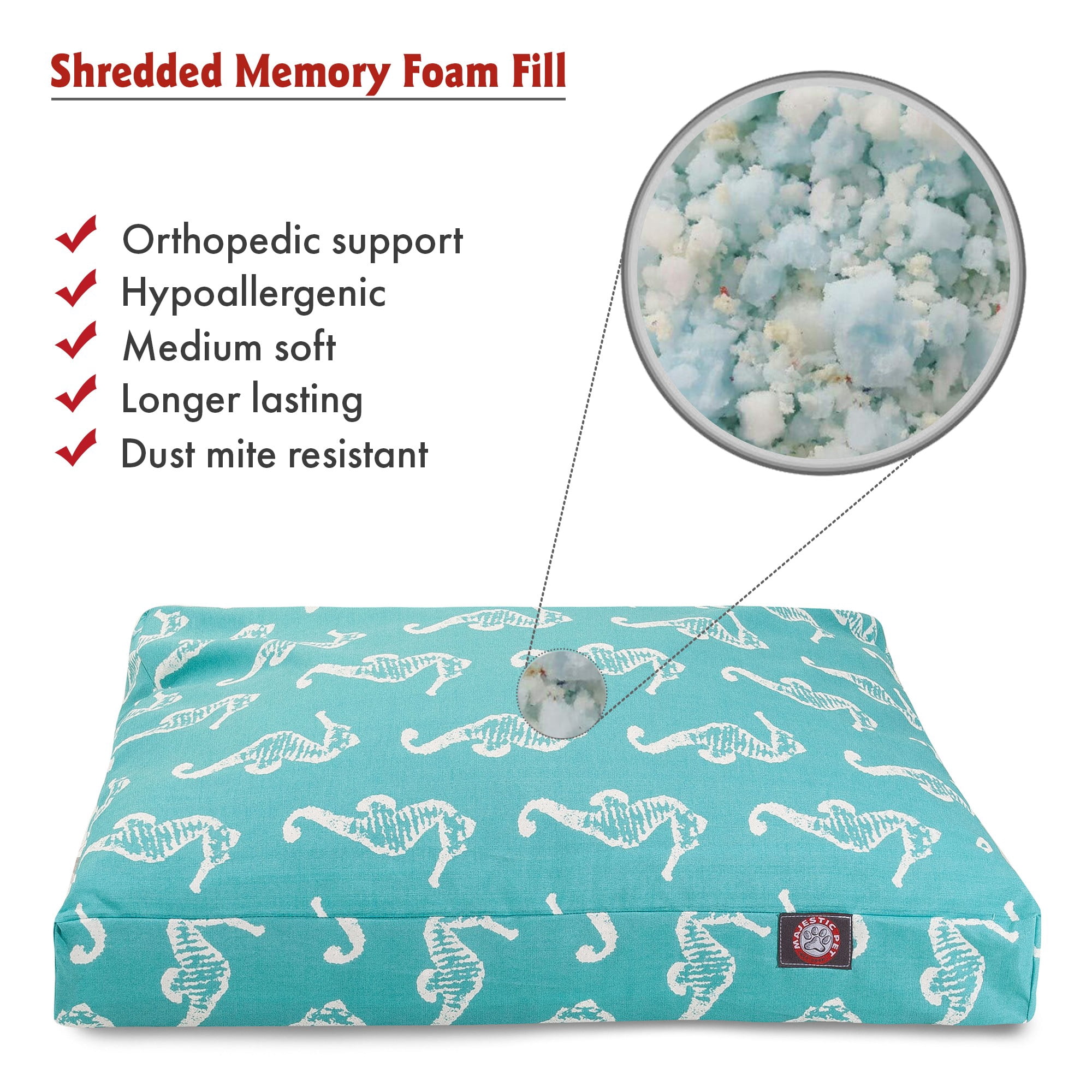Majestic Pet | Sea Horse Shredded Memory Foam Rectangle Pet Bed For Dogs, Removable Cover, Teal, Medium