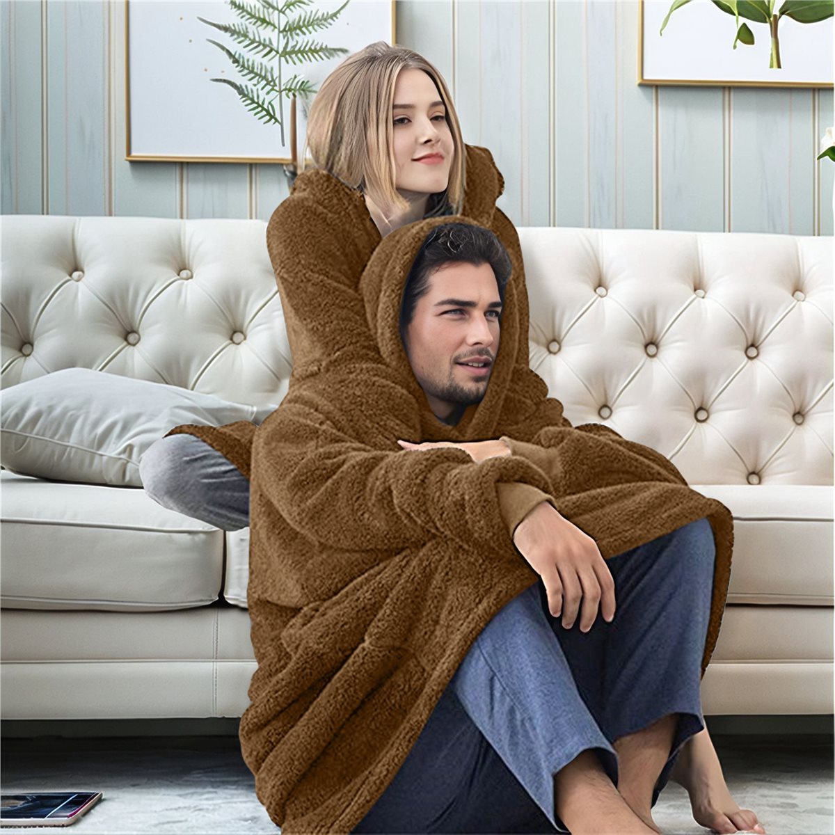 Oversized Blanket Hoodie Sweatshirt, Wearable Lounging Pullover for Adults Women Men Dark Brown One size
