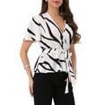 thumbnail image 4 of BLUSA Elegante Chic con Volantes para Mujeres, Cuello en V, Cintura Elástica, Cinturón, L Blanco, 4 of 6