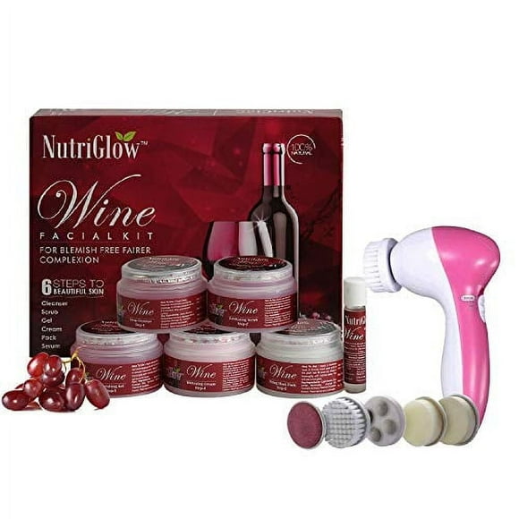 Nutriglow Wine Facial Kit for Women for Glowing Skin, 6-Pieces Skin Care Set with Deep Cleanser, Scrub, Nourishing Gel, Whitening Cream, Mask Pack and Serum, 250Gm+10Ml Free Face Massager