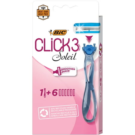 BIC Soleil Click 3 Women's Disposable Razor, Triple Blade, 1 Handle and 6 Snap-in Cartridges