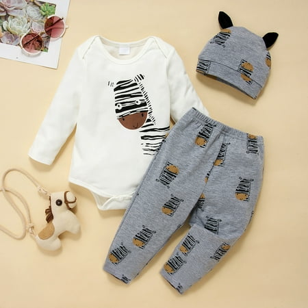 

PatPat Newborn Baby Boy 3pcs Outfit Set Long Sleeve Zebra Print Romper Elastic Waist Splicing Pants with Hat Infant Set Fall Clothes Winter Pajamas Set 0-18Month
