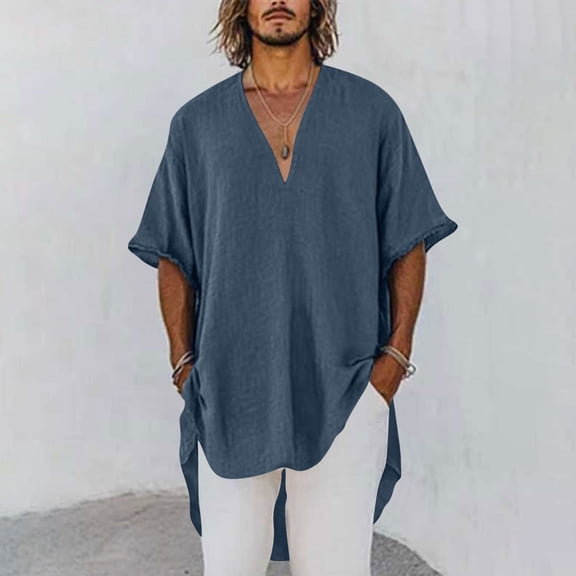 Men's Linen Tunic Shirt 100% Cotton Linen Summer Blouse V-Neck Half Sleeve Loose Fit Lapel Shirt Breathable Casual Daily Beach Vacation | Zenithor,Navy L