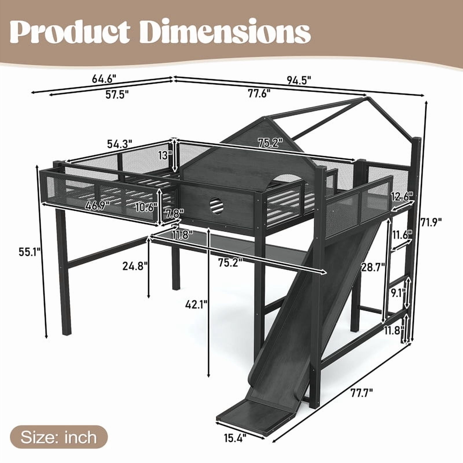 Full Size House Shaped Kids Loft Bed with Slide, Teens Metal Bed Frame with LED Lights, Desk, Power Outlet & Storage Shelf