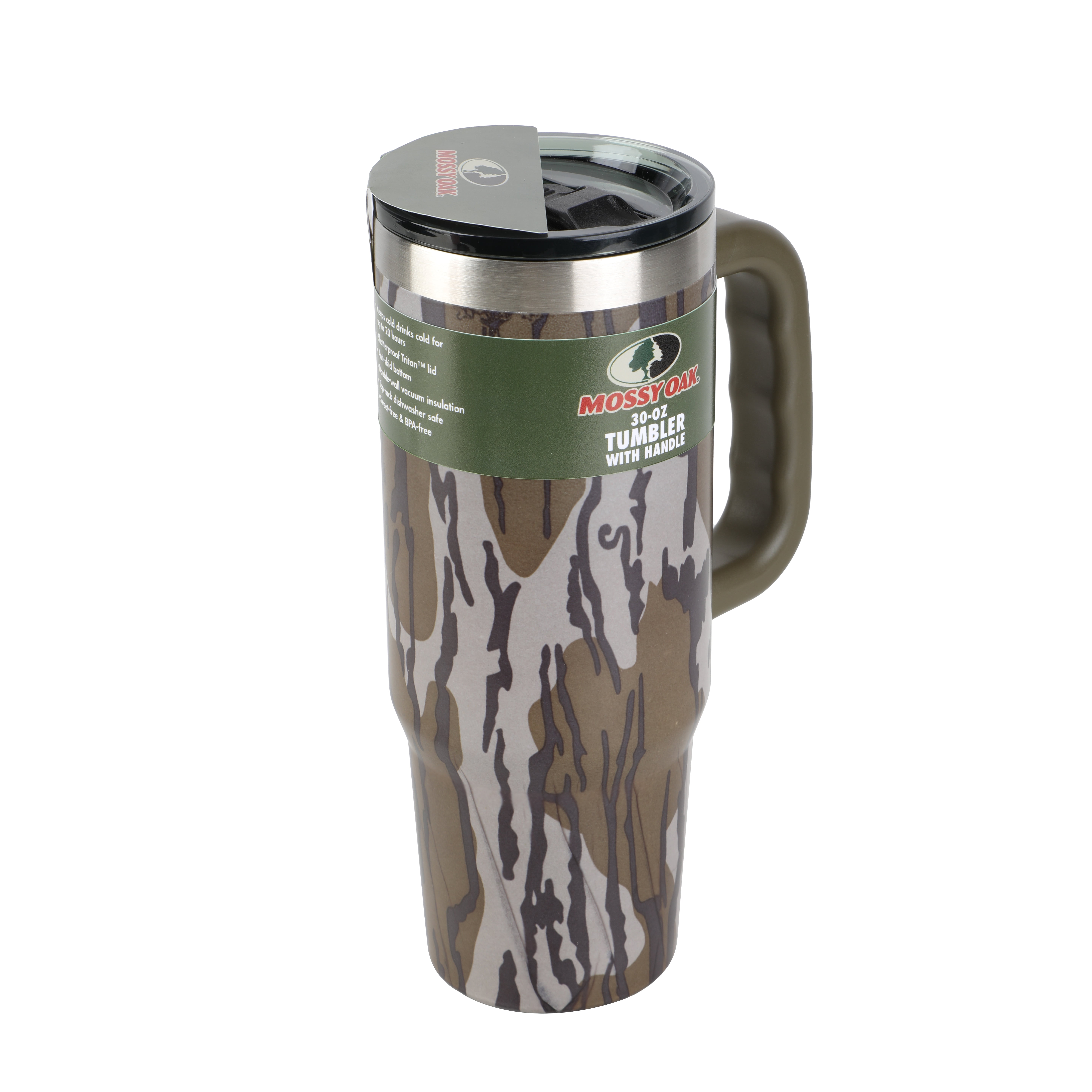Mossy Oak 30oz Bottomland Camo Stainless Steel Insulated Travel Tumbler with Handle and Magnetic Lid. Leak Resistant