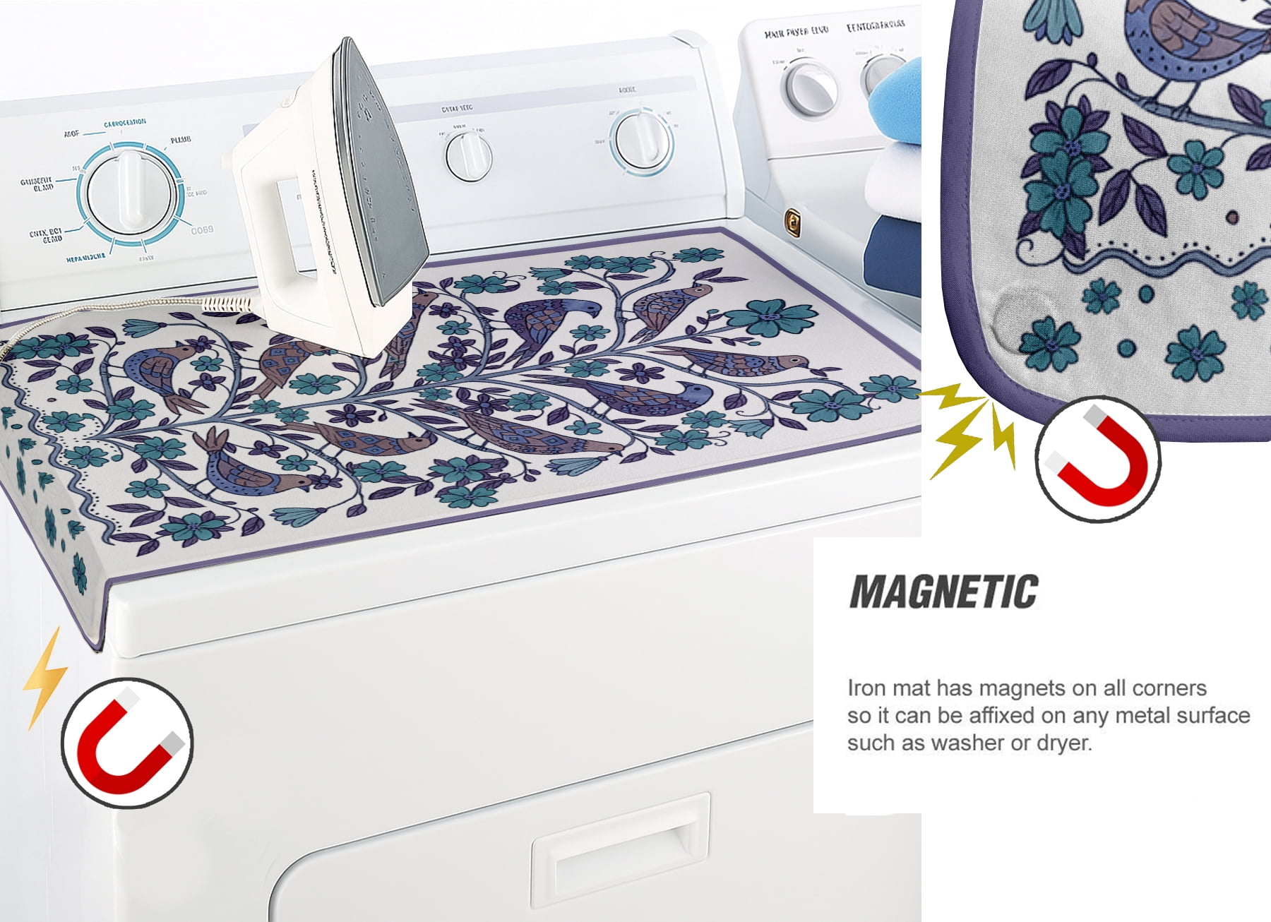 Vargottam Portable Ironing Mat - 28"x48" Foldable Cotton Ironing Pad with Silicone Rest & Magnetic Corners - Travel-Friendly, Space-Saving Iron Board Alternative for Small Homes, Dorms, RVs - Bird