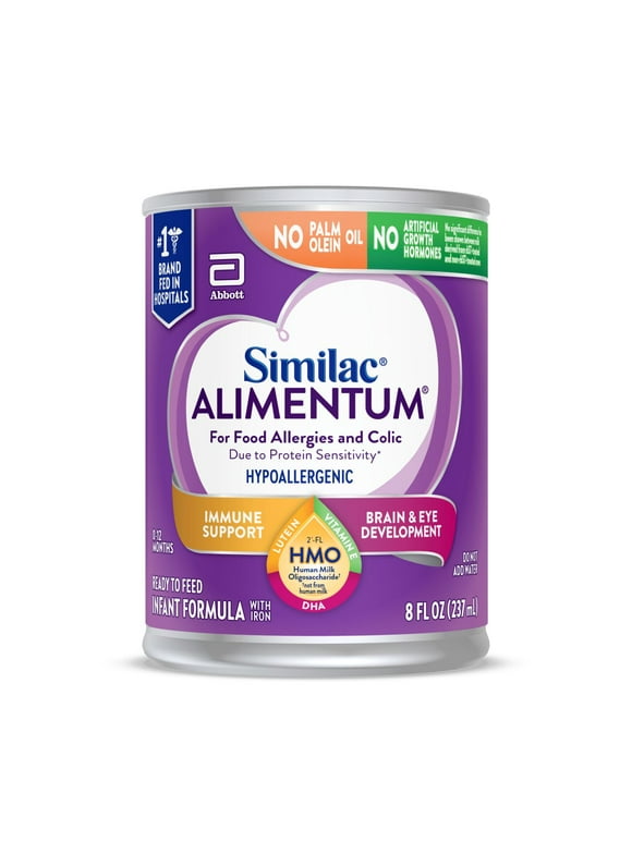 Similac Alimentum with 2-FL HMO Hypoallergenic Infant Formula, for Food Allergies and Colic,* Suitable for Lactose Sensitivity, Ready-to-Feed Baby Formula, 8-fl-oz can, Pack of 24