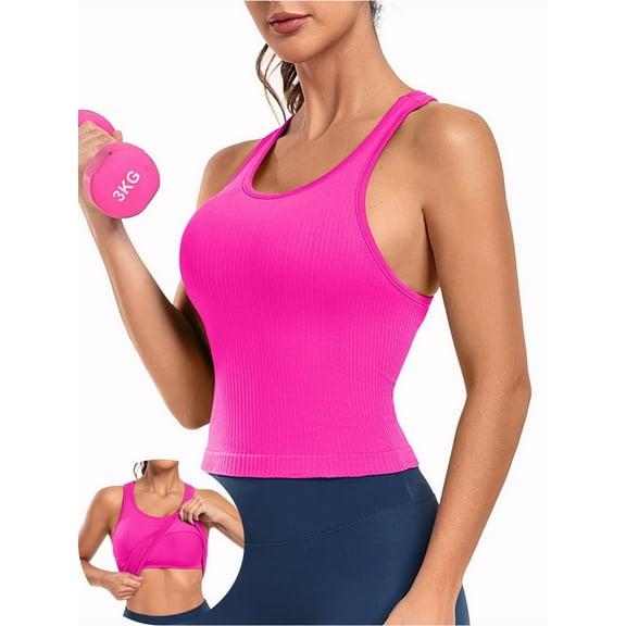 Anferry Womens Sports Tops Tank Top with Built in Bra Workout Crop Top U Neck Ribbed Seamless Yoga Tight Fit