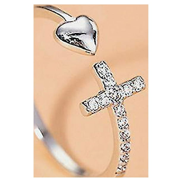 Anillo de cruz de corazon de plata de ley 925 anillo abierto de desvanecimiento anillo de nicho de diamantes de amor anillo de cruz de corazon de plata con corazon abierto y