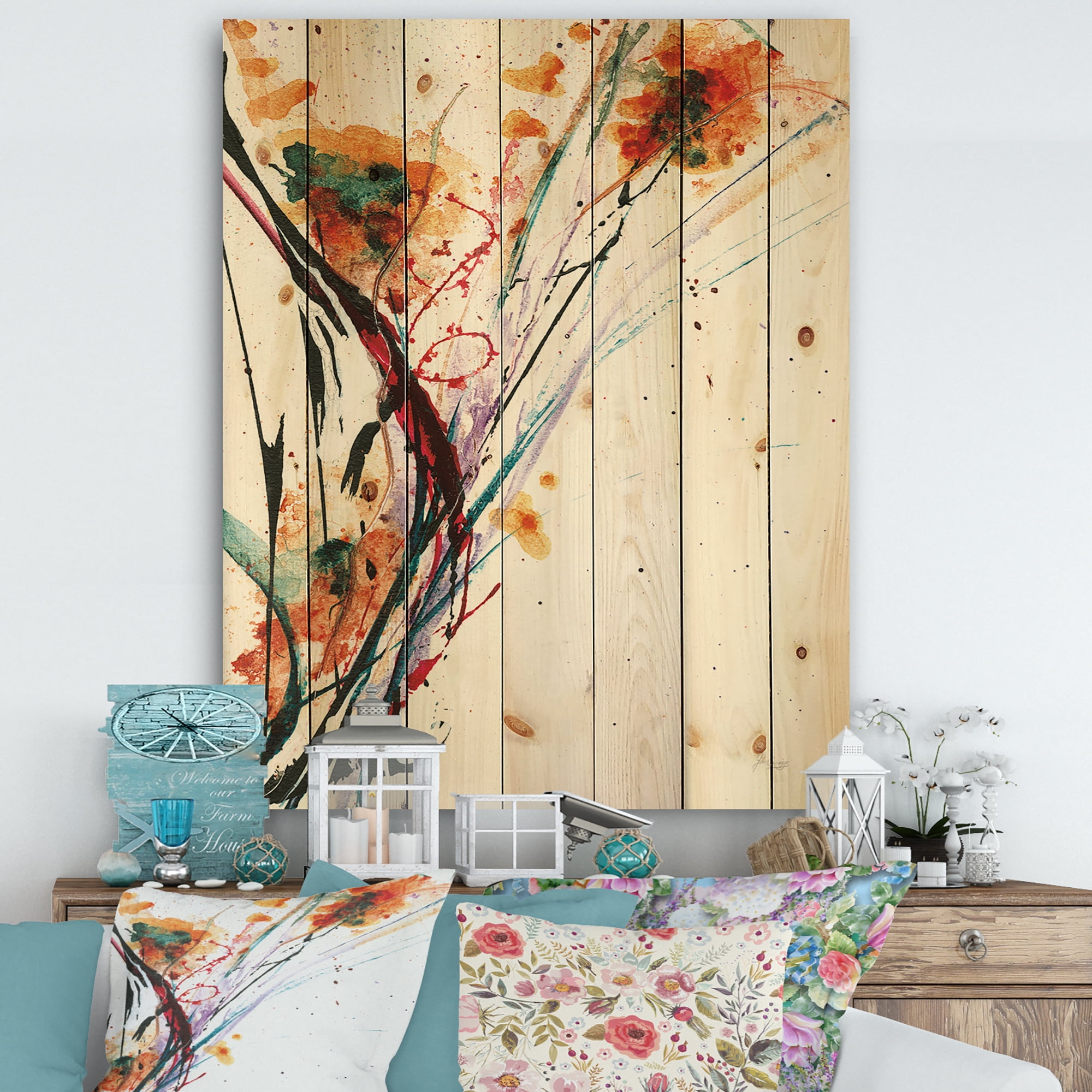 Designart 'Abstract Fractal Orange Flowers' Traditional Print on Natural Pine Wood