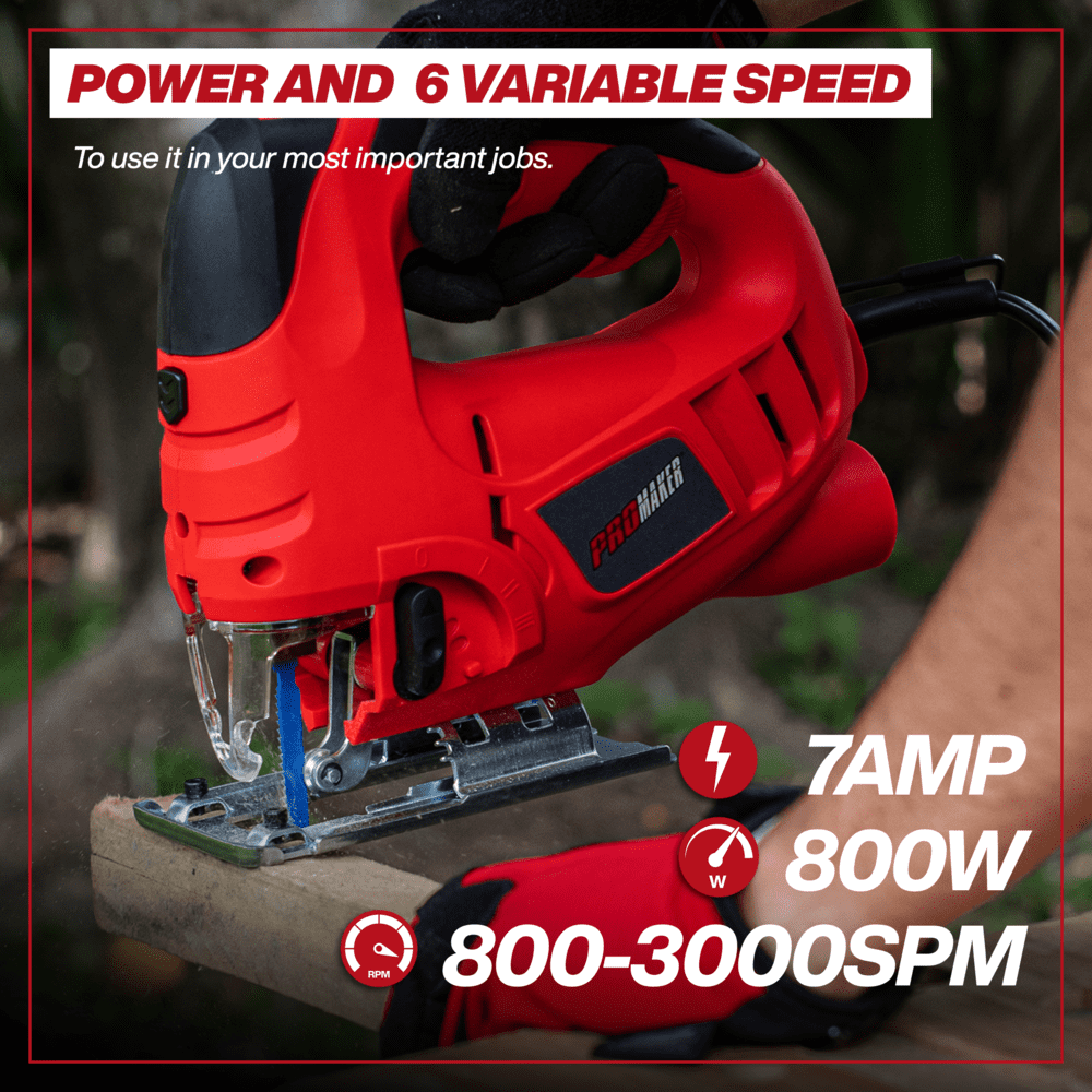 Jigsaw with 6 variable speed, 7 Amp 800W, Laser guide, Adjustable blade bevel cutting 0-45º degree, Corded Jig saw, Cutting depth: 100m for wood and 10mm for metal. 800-3000SPM, Promaker PRO-SC800